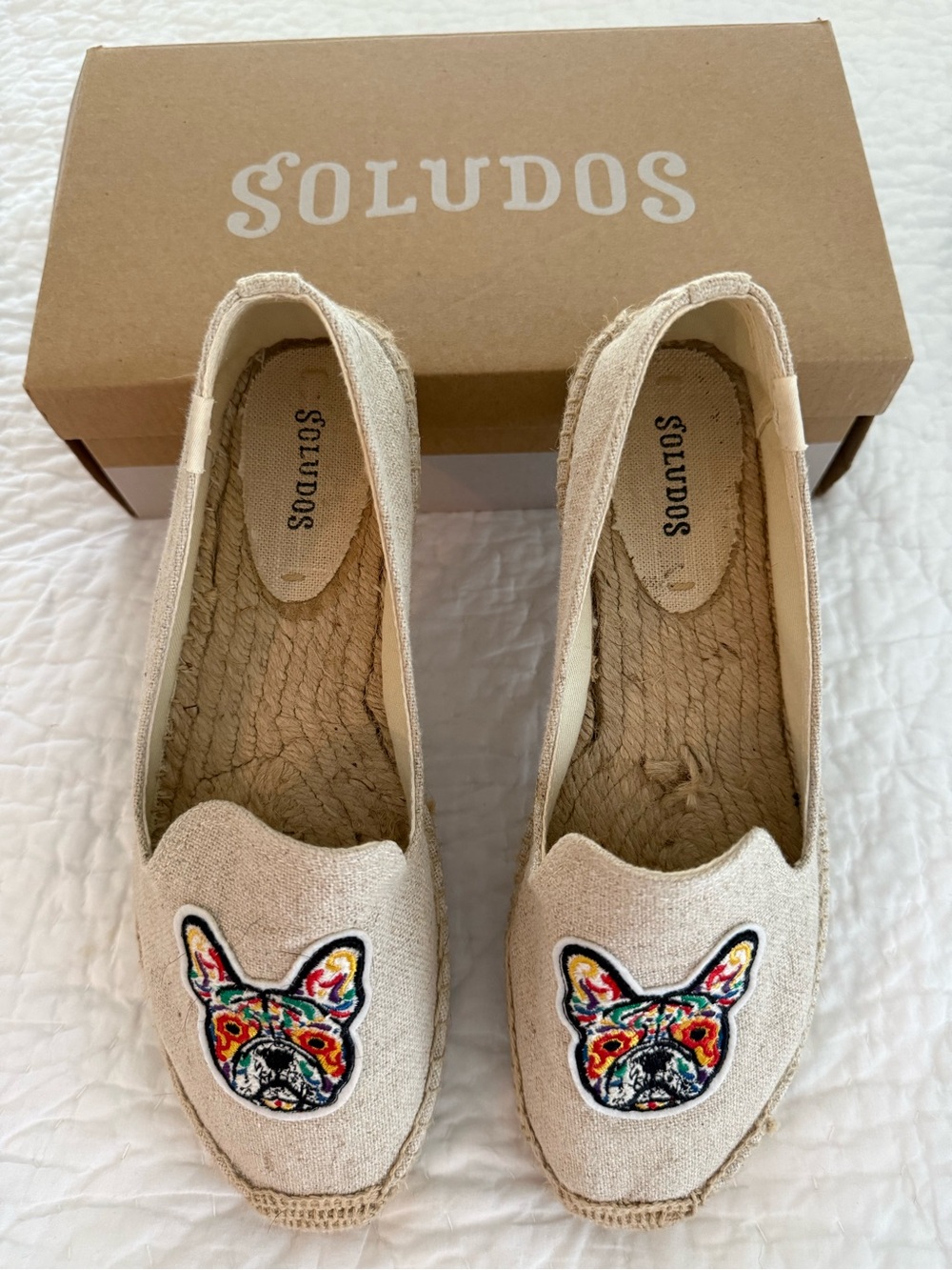 Soludos Women's Natural Espadrilles with Embroidered French Bulldog